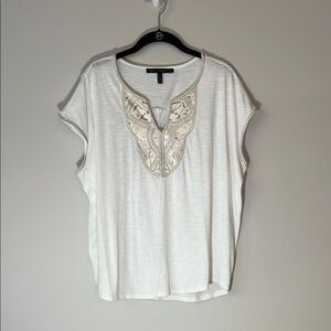 White House Black Market Gold Embellished white Dolman Sleeve Jetsetter tee